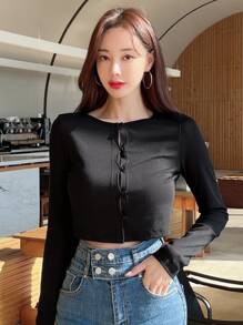 DAZY Solid Cami Top & Button Front Crop Tee - Black - View 2