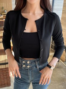 DAZY Solid Cami Top & Button Front Crop Tee - Black - View 4