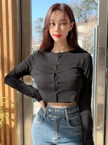 DAZY Solid Cami Top & Button Front Crop Tee - Black - View 5