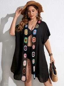 SHEIN Swim Curve Plus Crochet Detail Batwing Sleeve Kimono Without Bikini - Black - View 1