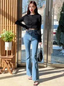 DAZY Solid Cami Top & Button Front Crop Tee - Black - View 6