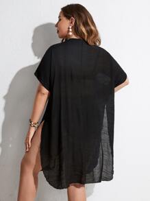 SHEIN Swim Curve Plus Crochet Detail Batwing Sleeve Kimono Without Bikini - Black - View 2