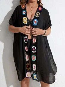 SHEIN Swim Curve Plus Crochet Detail Batwing Sleeve Kimono Without Bikini - Black - View 3