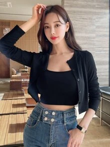 DAZY Solid Cami Top & Button Front Crop Tee - Black - View 7