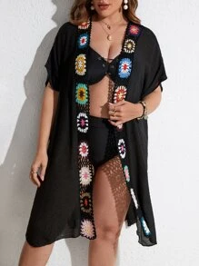 SHEIN Swim Curve Plus Crochet Detail Batwing Sleeve Kimono Without Bikini - Black - View 5