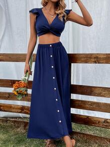 SHEIN VCAY Top crop girante delantero ribete con fruncido & Falda - Azul Marino - Ver 3