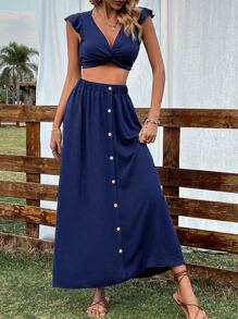 SHEIN VCAY Top crop girante delantero ribete con fruncido & Falda - Azul Marino - Ver 4