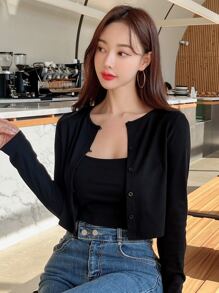 DAZY Solid Cami Top & Button Front Crop Tee - Black - View 8