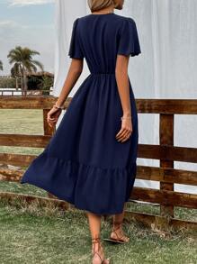 SHEIN Holidaya Vestido panel con encaje de manga mariposa bajo con fruncido - Azul Marino - Ver 2