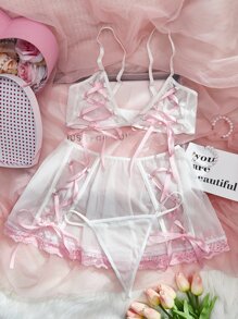 3pack Lace Up Mesh Underwire Lingerie Set - White - View 4