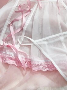 3pack Lace Up Mesh Underwire Lingerie Set - White - View 7