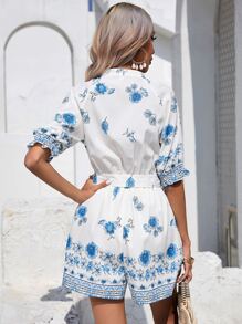 SHEIN VCAY Floral Print Belted Romper - White - View 2