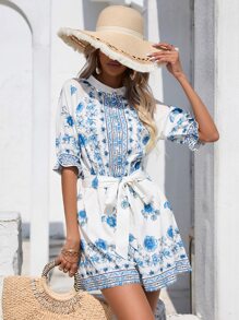 SHEIN VCAY Floral Print Belted Romper - White - View 3