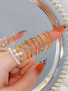 9pcs Rhinestone & Faux Pearl Decor Ring - Yellow Gold - View 1