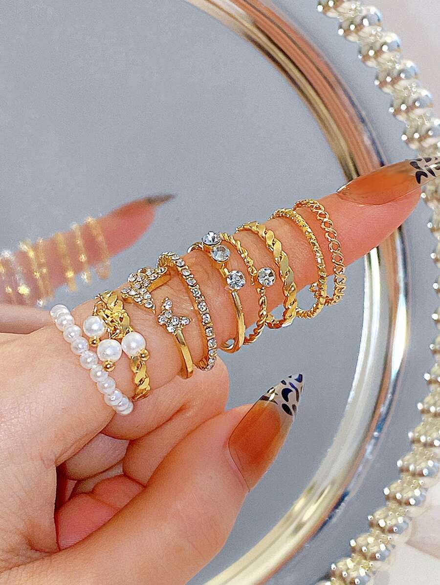 9pcs Rhinestone & Faux Pearl Decor Ring - Yellow Gold - View 1
