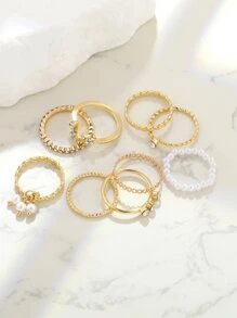 9pcs Rhinestone & Faux Pearl Decor Ring - Yellow Gold - View 2