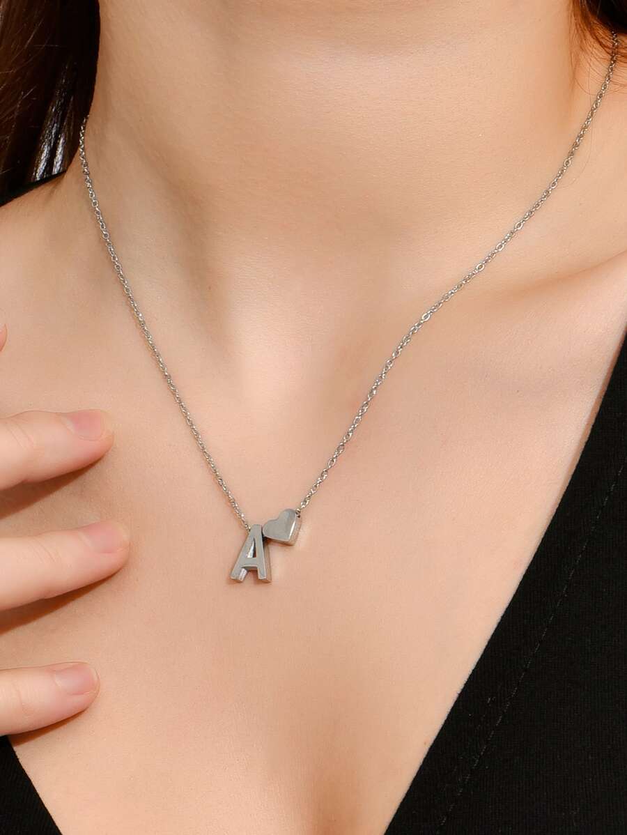 Letter & Heart Charm Necklace - Silver - View 1