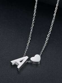 Letter & Heart Charm Necklace - Silver - View 2
