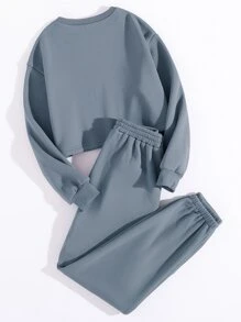 SHEIN Unity 加絨內裏素色運動衫帶衛褲 - 霧霾藍 - 查看 2