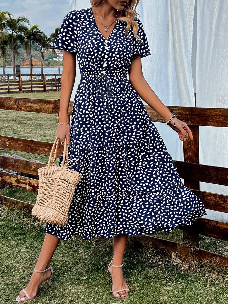 SHEIN VCAY Vestido con estampado de lunares con cordón delantero bajo con fruncido - Azul Marino - Añade 1
