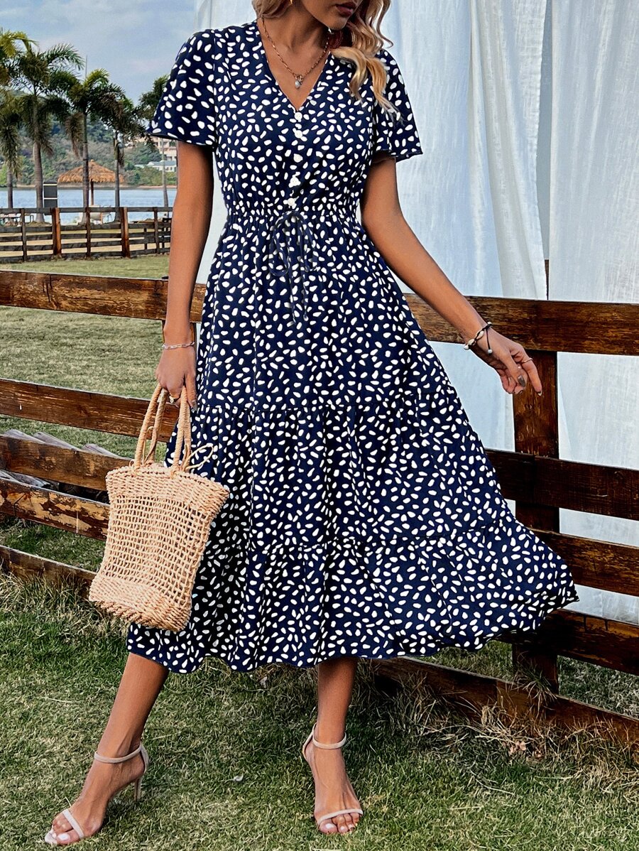 SHEIN VCAY Dalmatian Print Tie Front Ruffle Hem Dress - Navy Blue - View 1