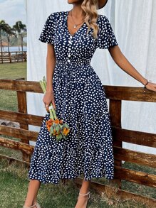 SHEIN VCAY Dalmatian Print Tie Front Ruffle Hem Dress - Navy Blue - View 4