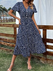 SHEIN VCAY Dalmatian Print Tie Front Ruffle Hem Dress - Navy Blue - View 5