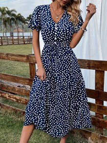 SHEIN VCAY Dalmatian Print Tie Front Ruffle Hem Dress - Navy Blue - View 6