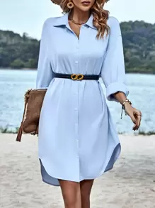 SHEIN LUNE Đầm Cao thấp Nút phía trước màu trơn Giải trí - Màu xanh lam - Xem 1