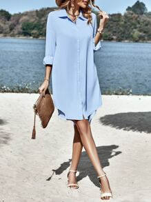 SHEIN LUNE Đầm Cao thấp Nút phía trước màu trơn Giải trí - Màu xanh lam - Xem 5