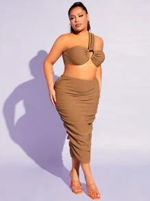 SHEIN SXY Plus One Shoulder O-ring Detail Crop Top & Ruched Pencil Skirt - Khaki - View 1