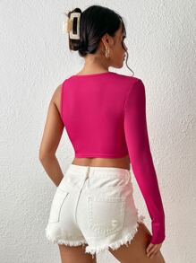SHEIN BAE Rhinestone Fringe Trim Asymmetrical Neck Crop Top - Hot Pink - View 2