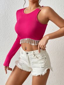 SHEIN BAE Rhinestone Fringe Trim Asymmetrical Neck Crop Top - Hot Pink - View 5