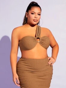 SHEIN SXY Plus One Shoulder O-ring Detail Crop Top & Ruched Pencil Skirt - Khaki - View 6