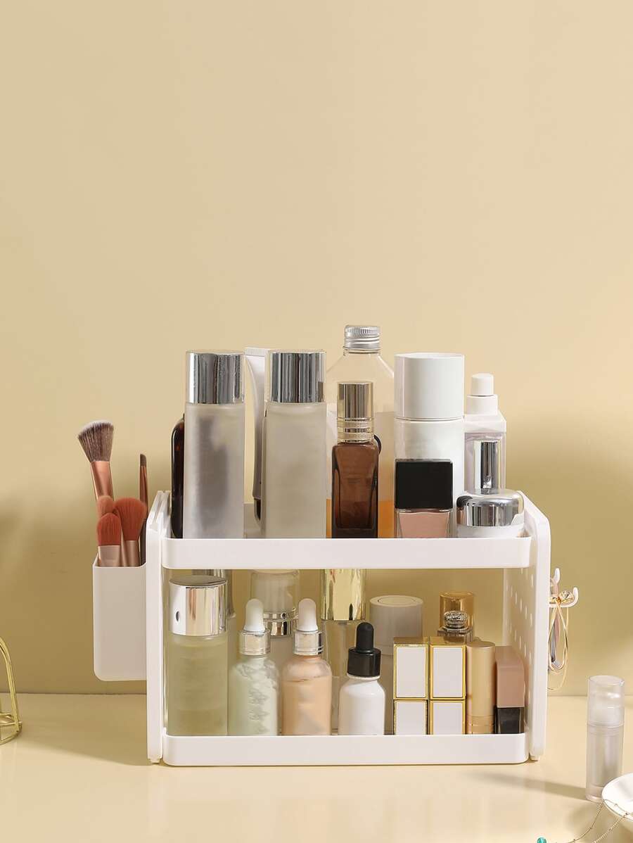 Double-layer Cosmetic Storage Rack, 1pc Multi-Use Makeup Organizer, Perfume Storage Box,Eyeshadow Palette Display Stand, Nail Polish Storage Container, Desk Organizer For Bedroom Dresser Or Vanity Countertop - White - View 1