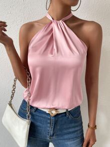 Zolique 素色前扭結繞頸緊身連體衣 - 粉色 - 查看 1