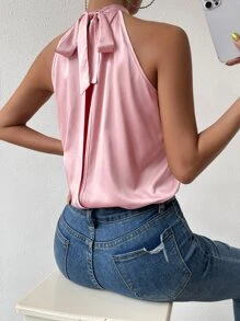 Zolique 素色前扭結繞頸緊身連體衣 - 粉色 - 查看 2