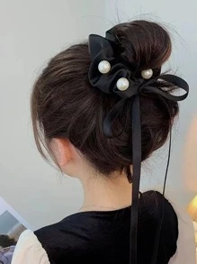 仿珍珠装饰发圈优雅蝴蝶结发带马尾辫固定器发圈弹性发绳
