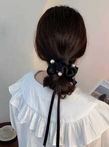 仿珍珠装饰发圈优雅蝴蝶结发带马尾辫固定器发圈弹性发绳