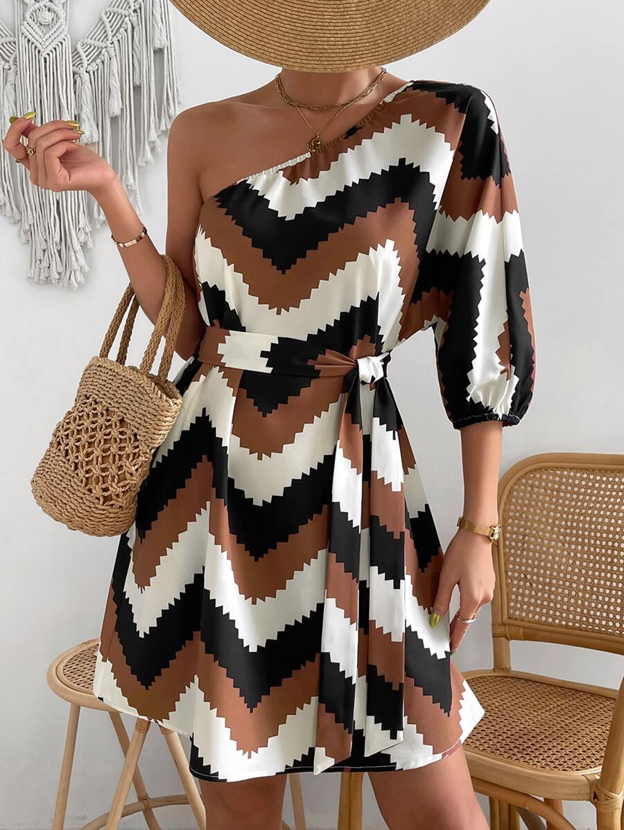 SHEIN Privé Chevron Print One Shoulder Belted Dress - Multicolor - View 1