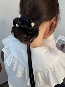 仿珍珠装饰发圈优雅蝴蝶结发带马尾辫固定器发圈弹性发绳