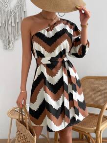 SHEIN Privé Chevron Print One Shoulder Belted Dress - Multicolor - View 3