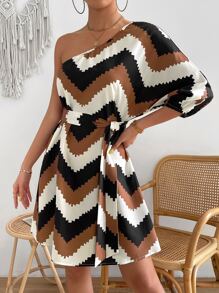 SHEIN Privé Chevron Print One Shoulder Belted Dress - Multicolor - View 4