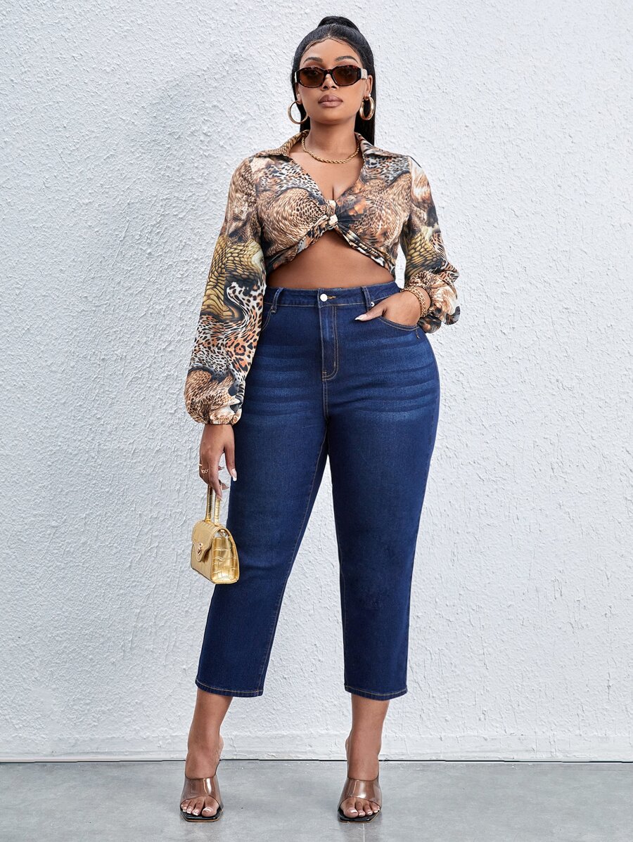 Plus High Waist Cat Whisker Jeans - Dark Wash - View 1