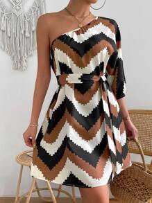 SHEIN Privé Chevron Print One Shoulder Belted Dress - Multicolor - View 5