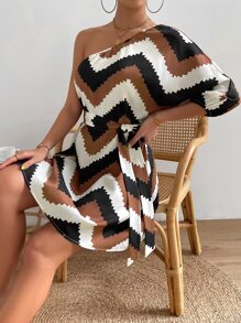 SHEIN Privé Chevron Print One Shoulder Belted Dress - Multicolor - View 6