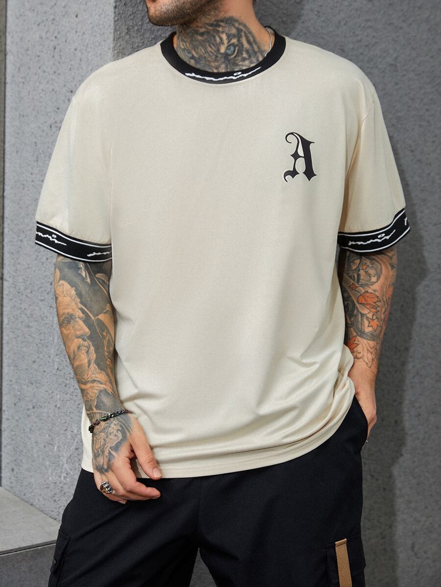 Manfinity EMRG 男士字母圖案拼接邊T恤 - 杏色 - 查看 1