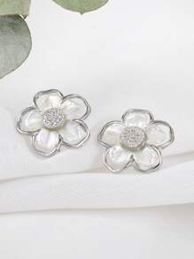 1 对时尚高端优雅甜美百搭白色树脂花瓣樱花耳钉，适合日常佩戴 - 銀色 - 查看 4