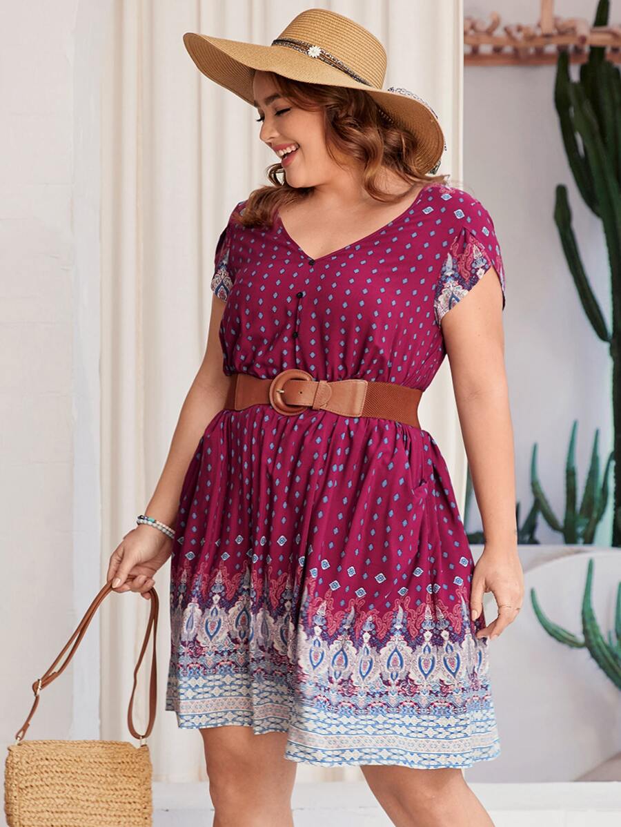 SHEIN VCAY Plus Geo Print Petal Sleeve Dress - Multicolor - View 1