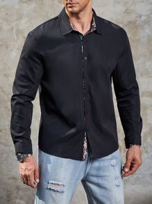 Manfinity Men Plus Contrast Plaid Trim Button Up Shirt - Black - View 1